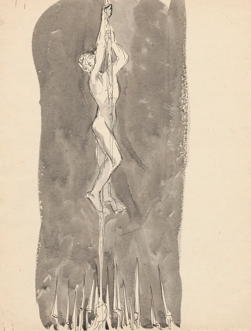Naked Man Climbing A Rope