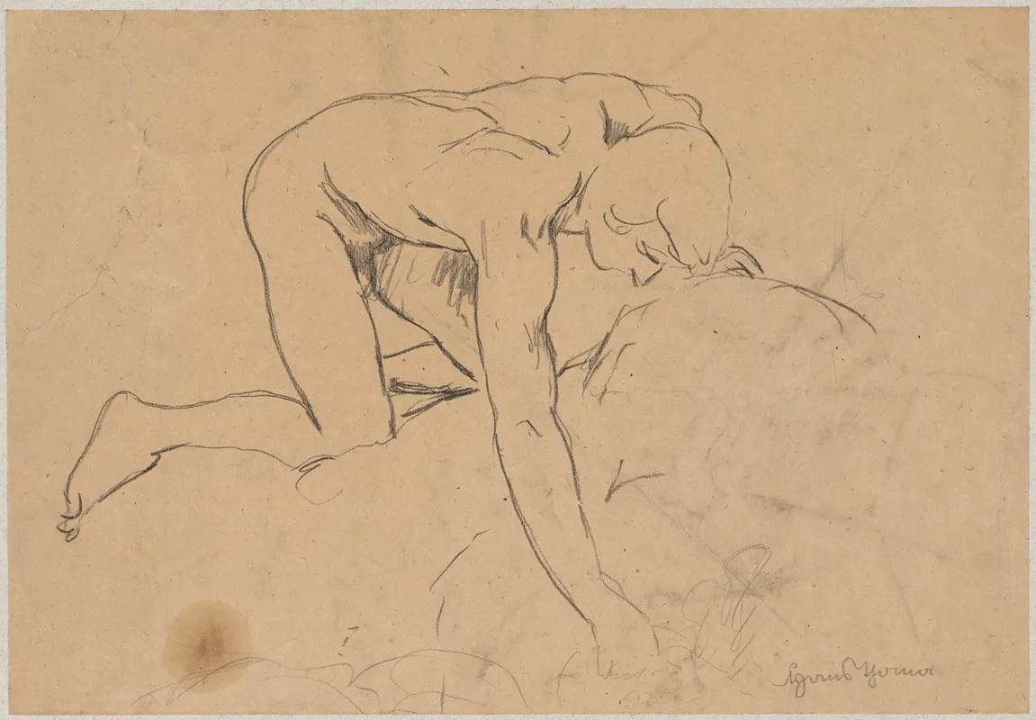 Naked Young Man Kneeling On A Rock And Reaching Out To A Spring With His Hand
