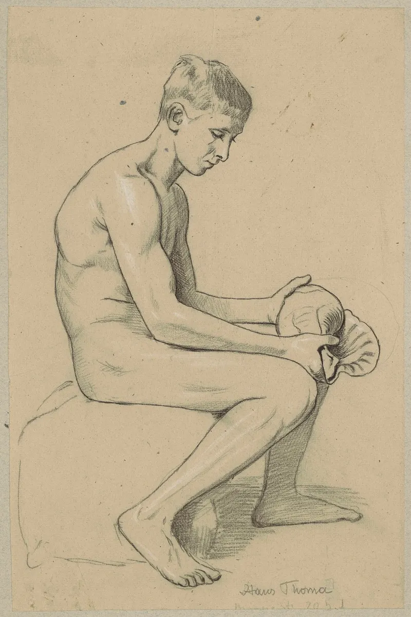 Naked Young Man With A Shell Sitting On A Stone Wall Art by Hans Thoma - High-Resolution Digital Print