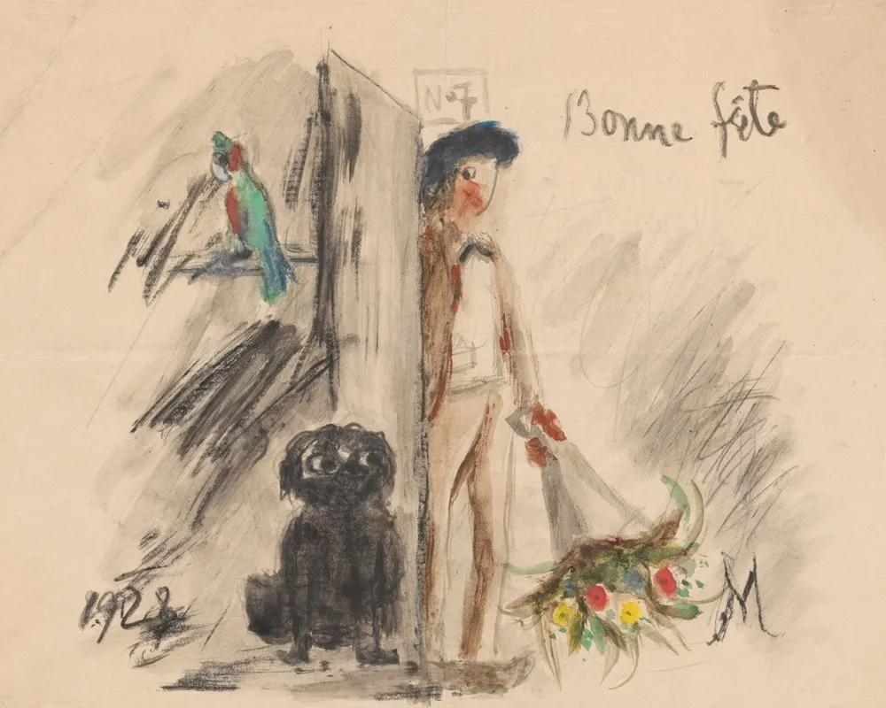 Name Day Card For Maria Mickiewiczowna With A Drawing Showing Self Portrait Of The Artist Standing In Doorway Wall Art by Tadeusz Makowski - High-Resolution Digital Print