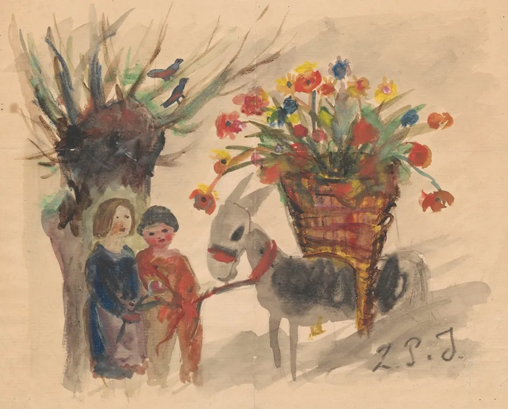 Name Day Card For Maria Mickiewiczowna With A Drawing Showing Two Children Leading A Donkey With A Large Basket Of Flowers On Its Back Wall Art by Tadeusz Makowski - High-Resolution Digital Print