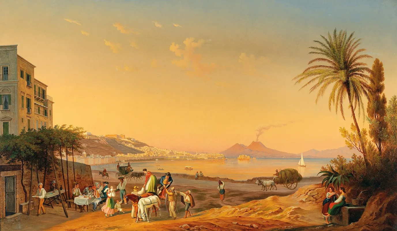 Naples A Lively Scene On The Promenade At Dusk With Vesuvius In The Background