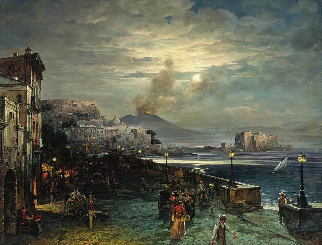 Naples A Pier At Night With A View Of Vesuvius Wall Art by Theodor Groll - High-Resolution Digital Print