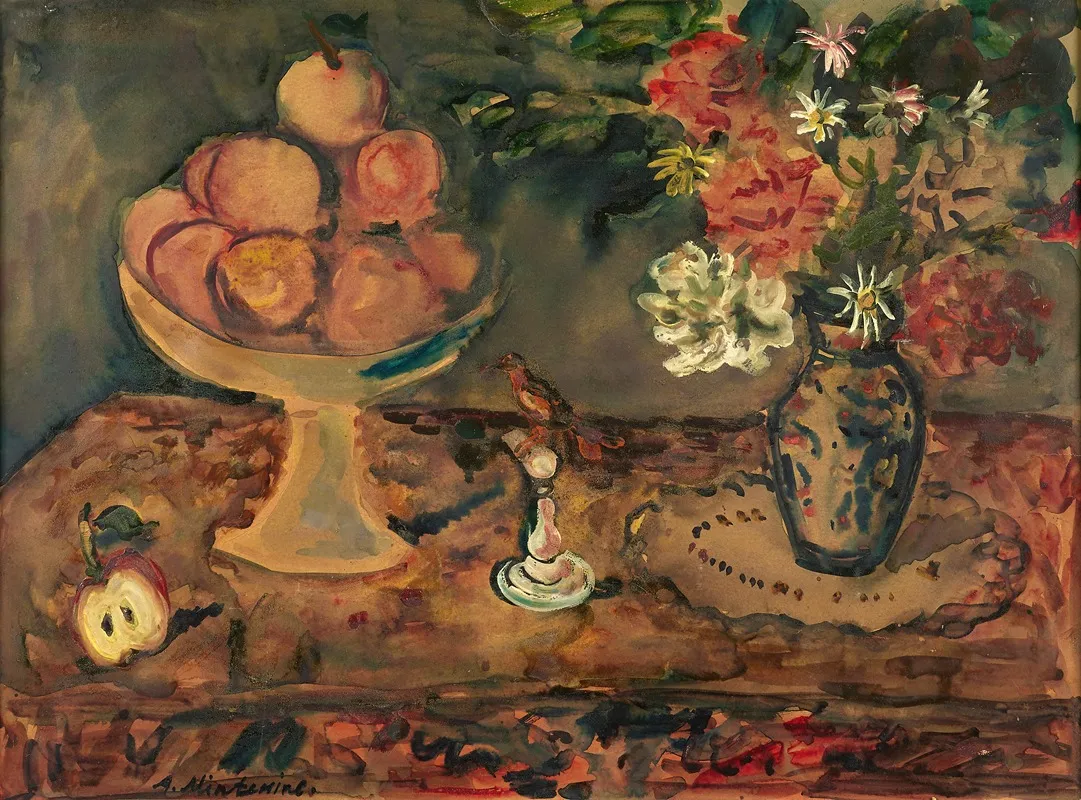 Nature Morte Au Compotier Et Vase De Fleur