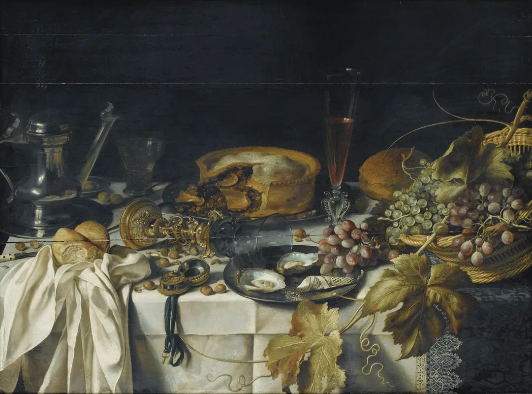 Nature Morte Au Mince Pie Panier De Raisins Pichet En Etain Et Montre Wall Art by Pieter Claesz - High-Resolution Digital Print