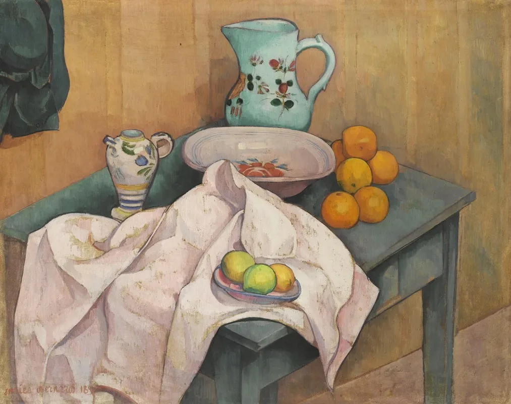 Nature Morte Au Pichet Et Aux Fruits Sur Une Serviette Deployee Wall Art by Emile Bernard - High-Resolution Digital Print