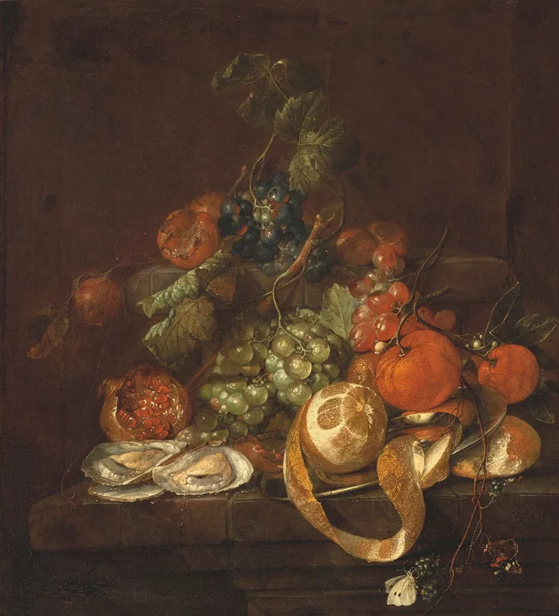 Nature Morte Aux Citrons Huitres Raisins Et Papillons Sur Un Entablement Wall Art by Cornelis de Heem - High-Resolution Digital Print