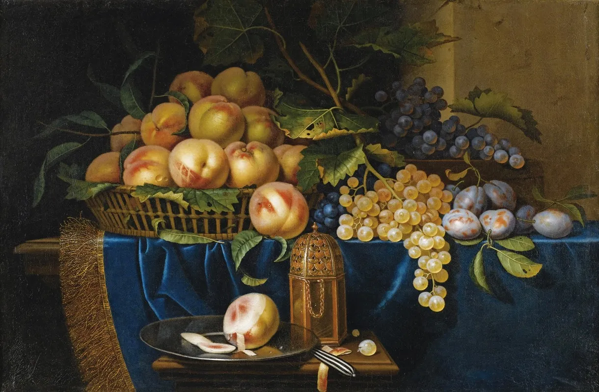 Nature Morte Aux Peches Raisins Prunes Et Saupoudreuse En Vermeil 2 Wall Art by Paul Liégeois - High-Resolution Digital Print