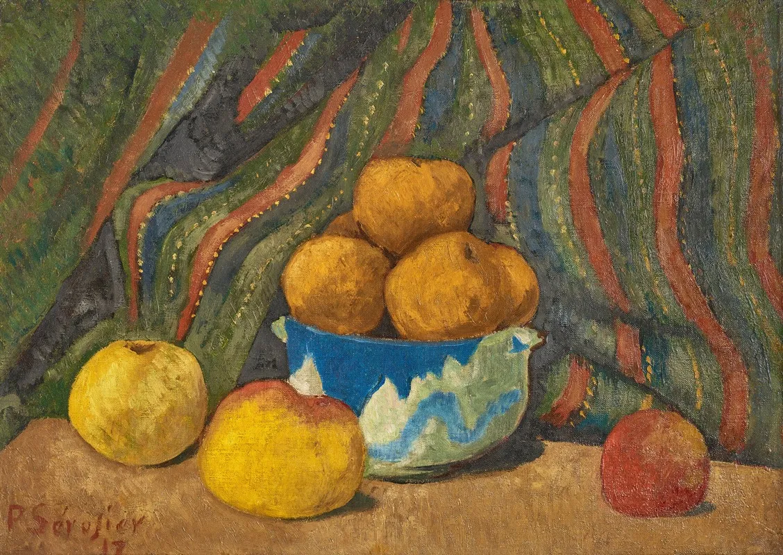 Nature Morte Aux Pommes Sur Fond De Tenture Rayee