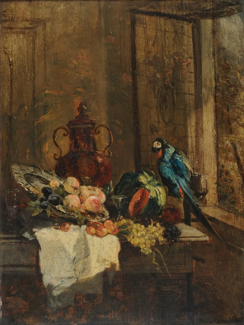 Nature Morte Et Perroquet Pres Dune Fenetre Ouverte Wall Art by Philippe Rousseau - High-Resolution Digital Print
