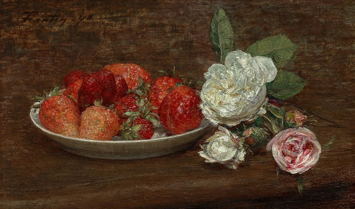Nature Morte Grosses Fraises Et Roses Wall Art by Henri Fantin-Latour - High-Resolution Digital Print