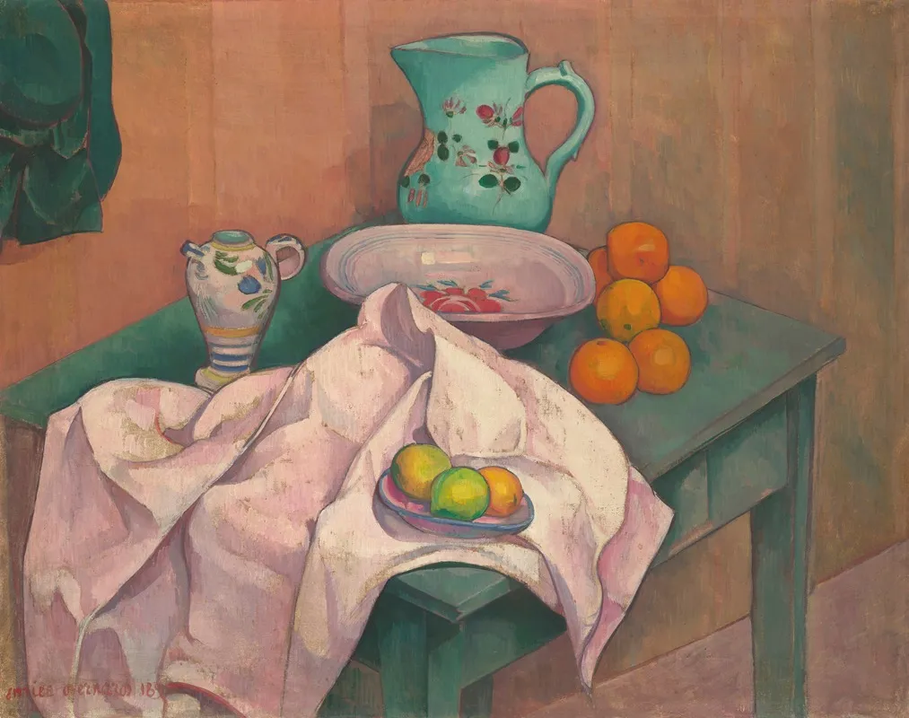 Nature Morte Pichet Assiette Fruits Sur Serviette Deployee Wall Art by Emile Bernard - High-Resolution Digital Print