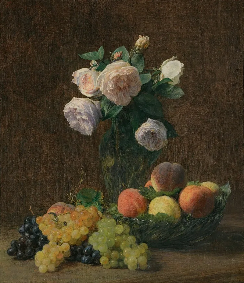 Nature Morte Vase De Roses Peches Et Raisins Wall Art by Henri Fantin-Latour - High-Resolution Digital Print