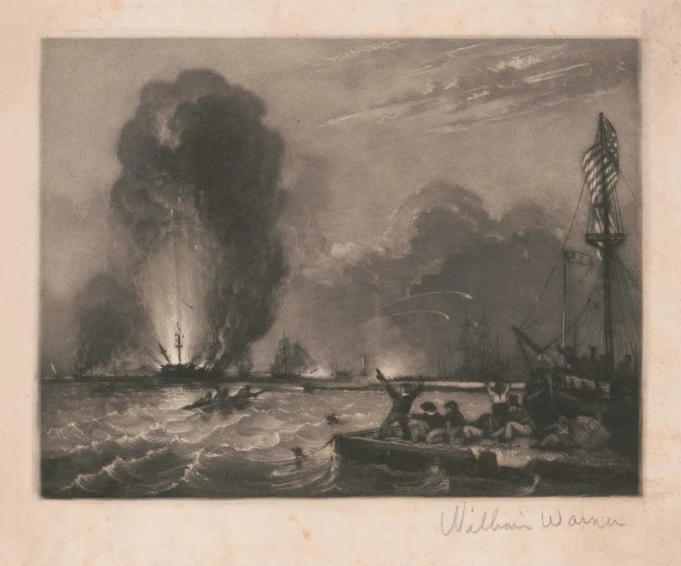 Naval Battle With American Battleship And Sailors In The Lower Right Corner Cheering As A Ship Explodes On The Left Wall Art by William Warner - High-Resolution Digital Print