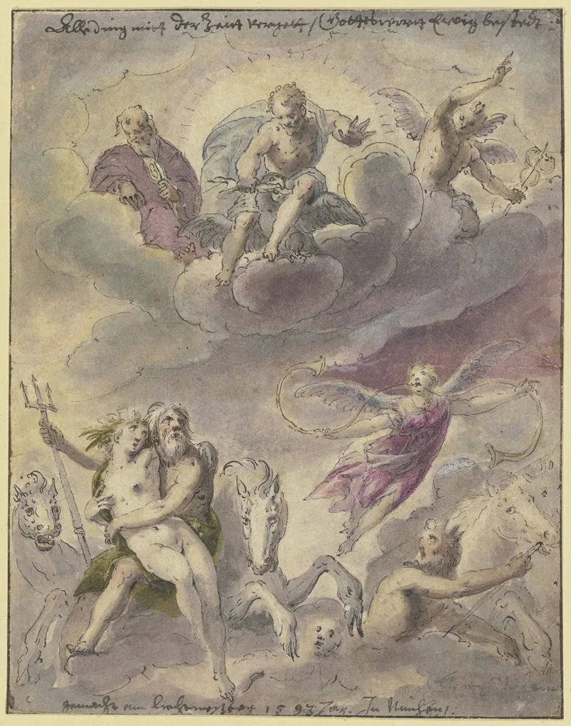 Neptun Und Amphitrite Mit Seegottern Pferden Und Der Schwebenden Fama In Den Wolken Jupiter Merkur Und Ein Dritter Gott Wall Art by Georg Beham - High-Resolution Digital Print