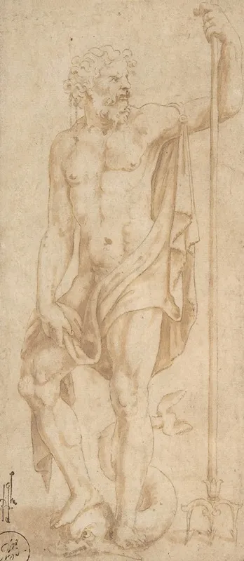 Neptune Holding A Trident And Standing On A Dolphin