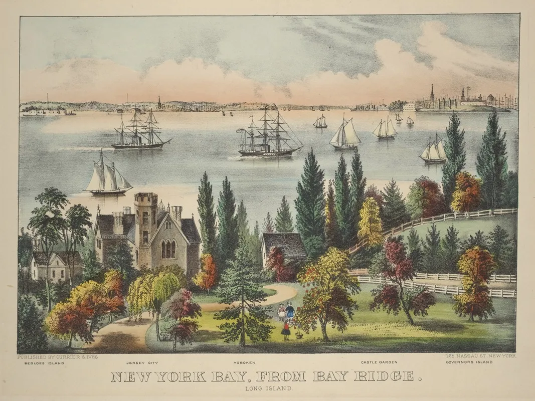 New York Bay From Bay Ridge Long Island Bedloes Island Jersey City Hoboken Castle Garden Governors Island