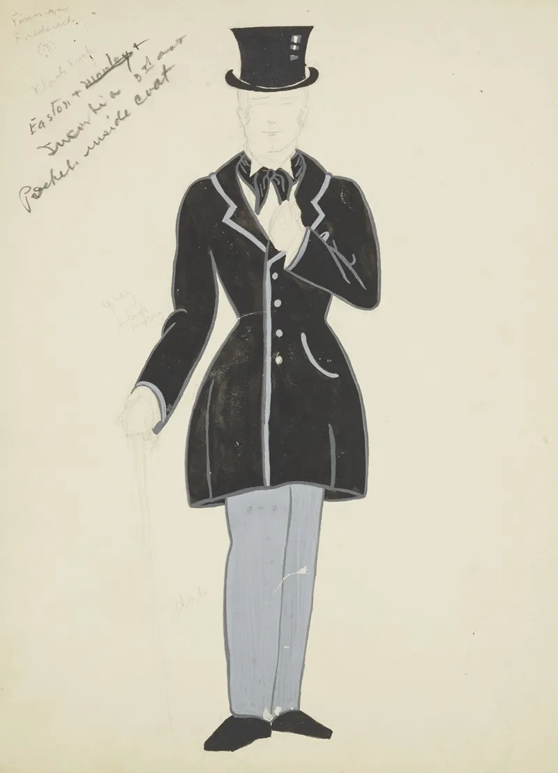 New York Fireman Black Coat Grey Trousers Black Cravat Black Tophat And Grey Cane Wall Art by Lucie Gilligan - High-Resolution Digital Print