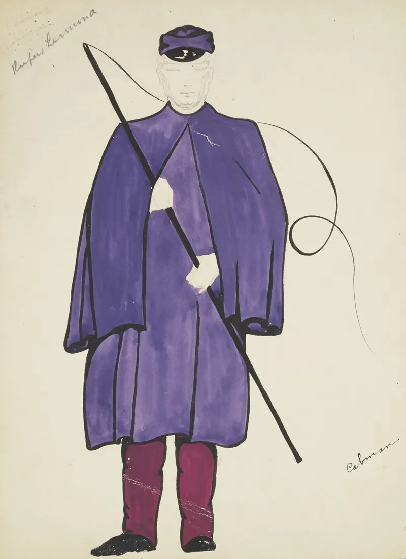 New York Fireman Cabman Purple Cape Red Trousers Whip And Purple Cap Wall Art by Lucie Gilligan - High-Resolution Digital Print