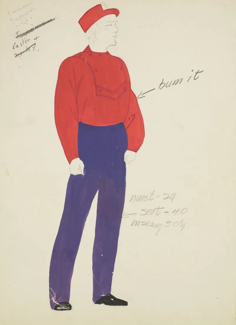 New York Fireman Red Button Shirt Purple Trousers And Red Cap Wall Art by Lucie Gilligan - High-Resolution Digital Print