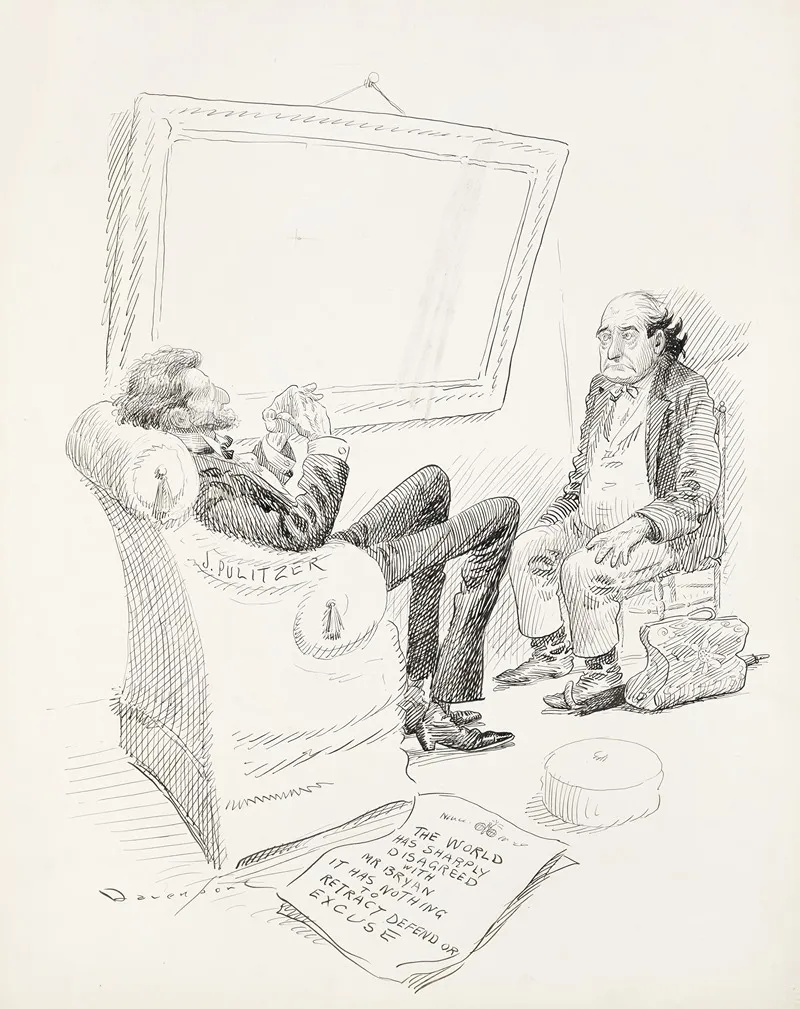 Newspaper Publisher J Pulitzer Sits With William Jennings Bryan Who Is Frowning