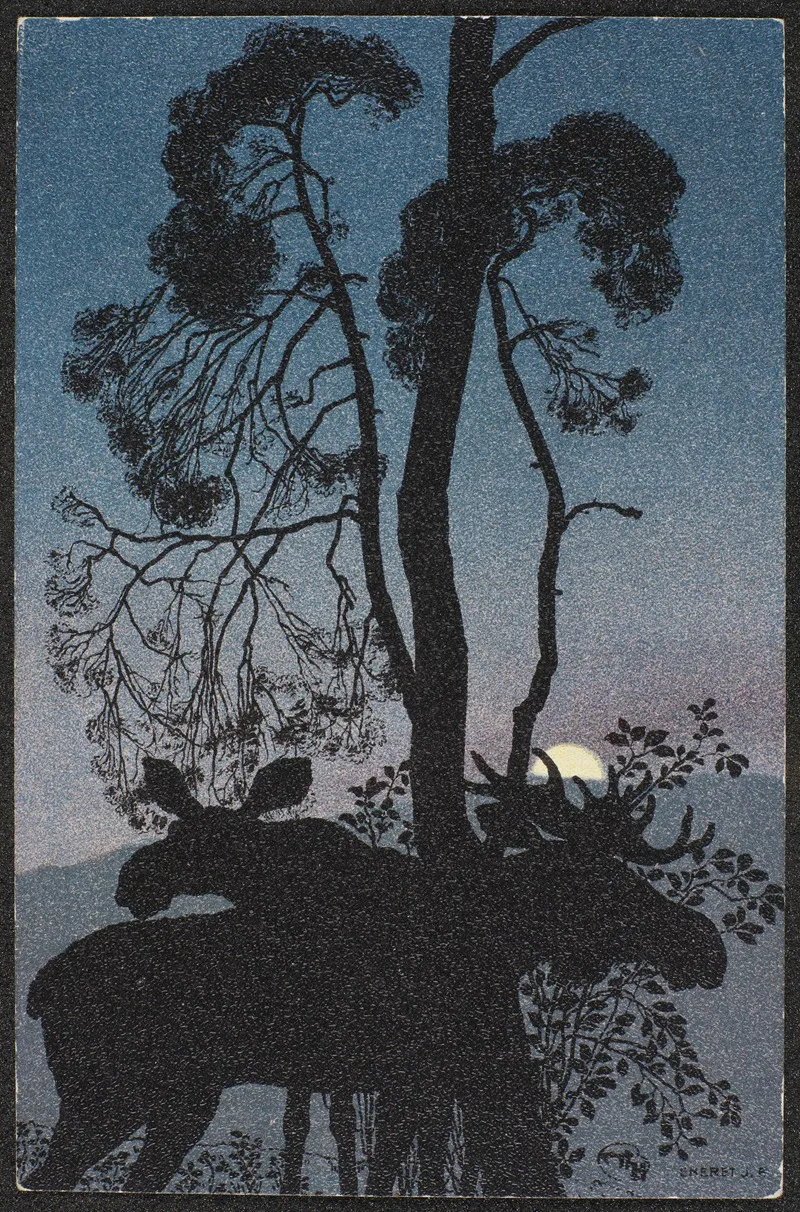 Night Motif With Moose In Silhouette In The Moonlight