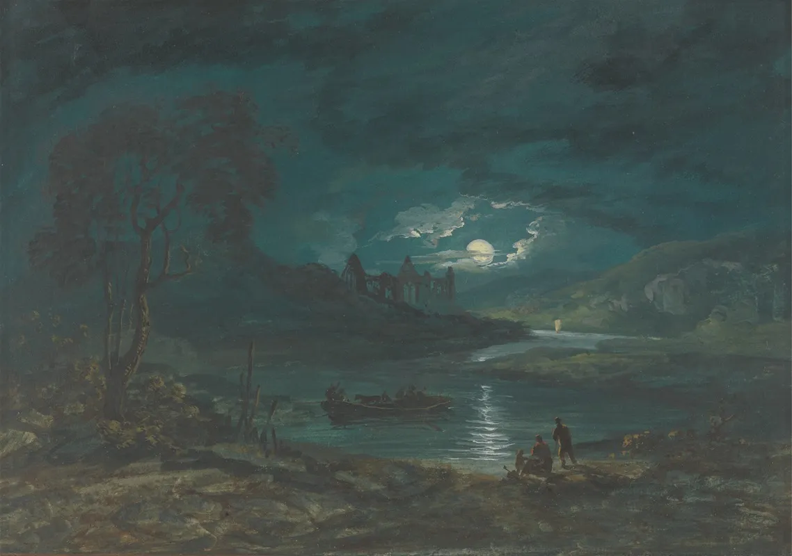 Night River Landscape With A Ruined Abbey Wall Art by John Laporte - High-Resolution Digital Print