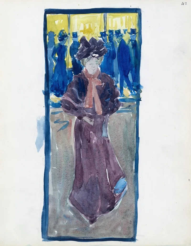 Night Scene With A Woman Walking And Men In Top Hats In The Background Wall Art by Maurice Prendergast - High-Resolution Digital Print