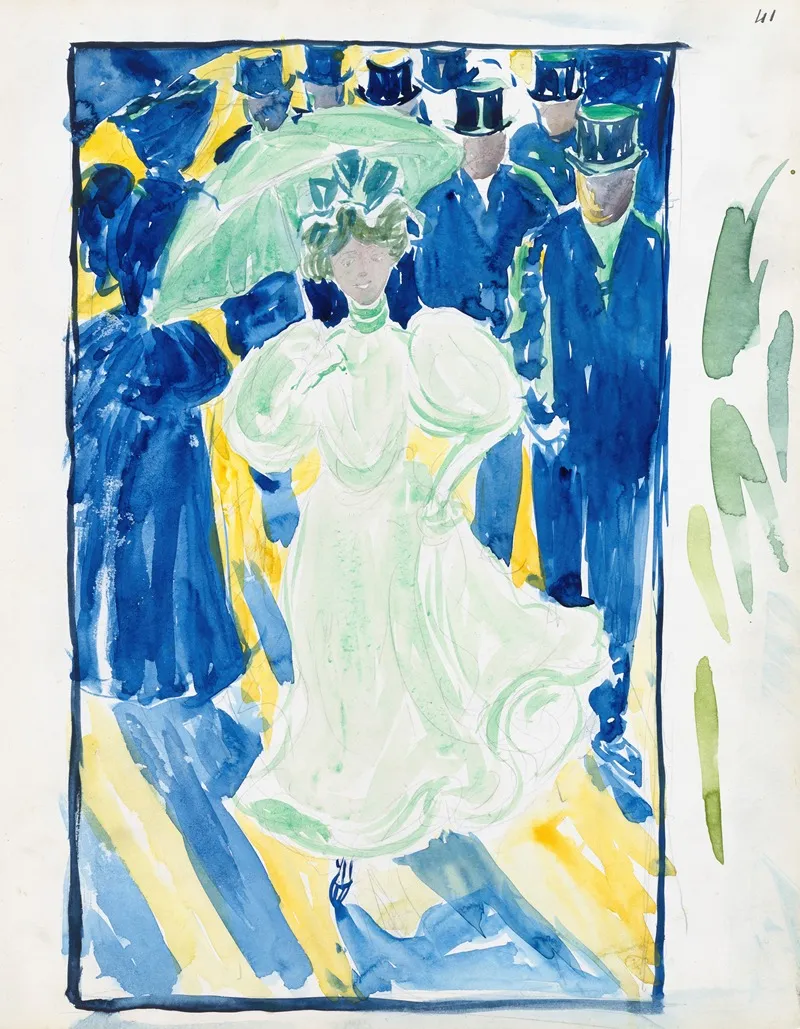 Night Scene With Two Women With Parasols And A Crowd Of Men In Top Hats Wall Art by Maurice Prendergast - High-Resolution Digital Print