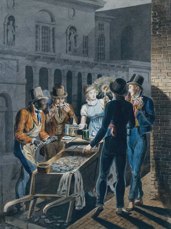 Nightlife In Philadelphia An Oyster Barrow In Front Of The Chestnut Street Theater Wall Art by John Lewis Krimmel - High-Resolution Digital Print