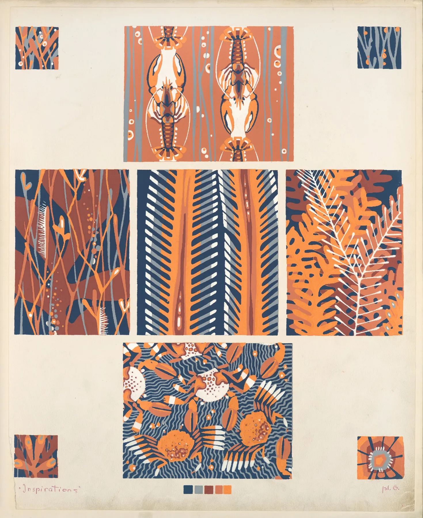 Nine Compositions Incorporating Marine Plant Forms And Crustaceans Wall Art by André Durenceau - High-Resolution Digital Print