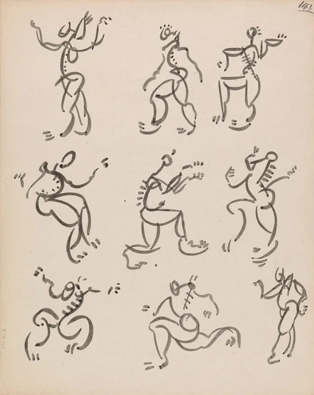 Nine Dancing Figures In Three Registers