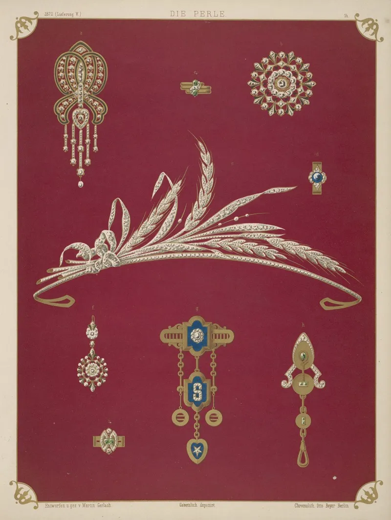 Nine Designs For Jewelry Including Diamond Tiara In Shape Of Sheaf Of Wheat