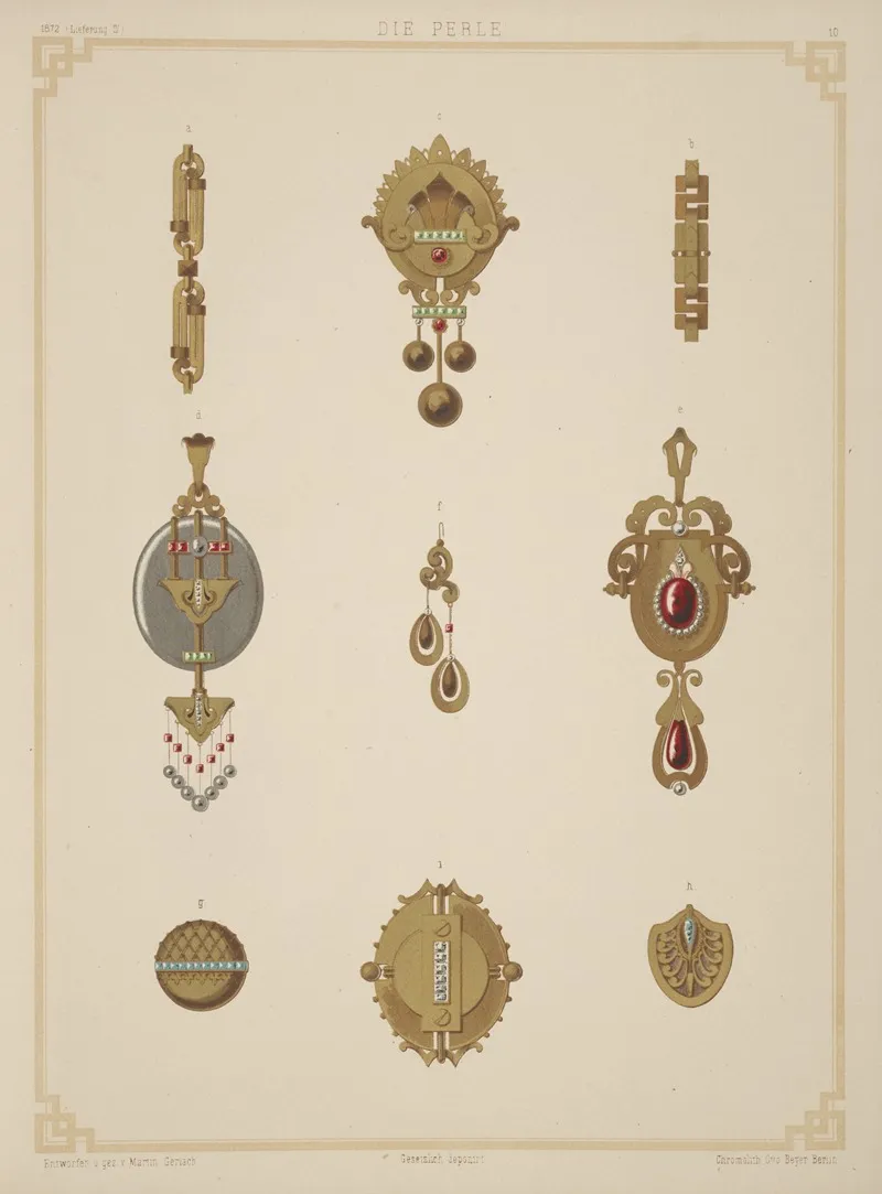 Nine Designs For Jewelry Including Gold Brooch With Green And Red Stones