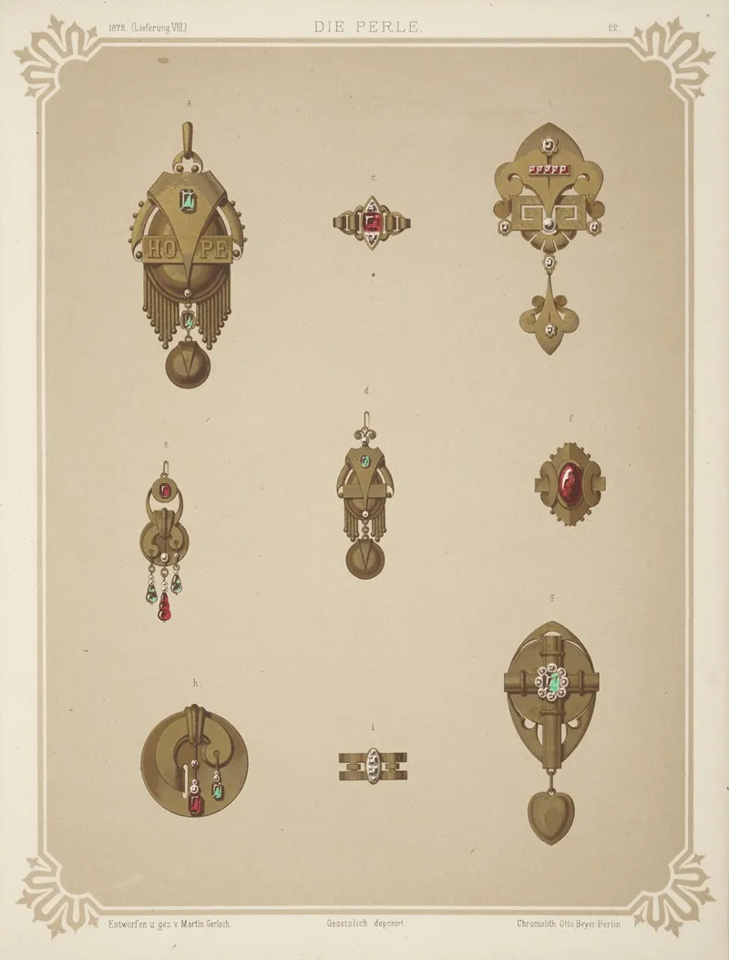 Nine Designs For Jewelry Including Gold Brooch With Green Stones And Word Hope