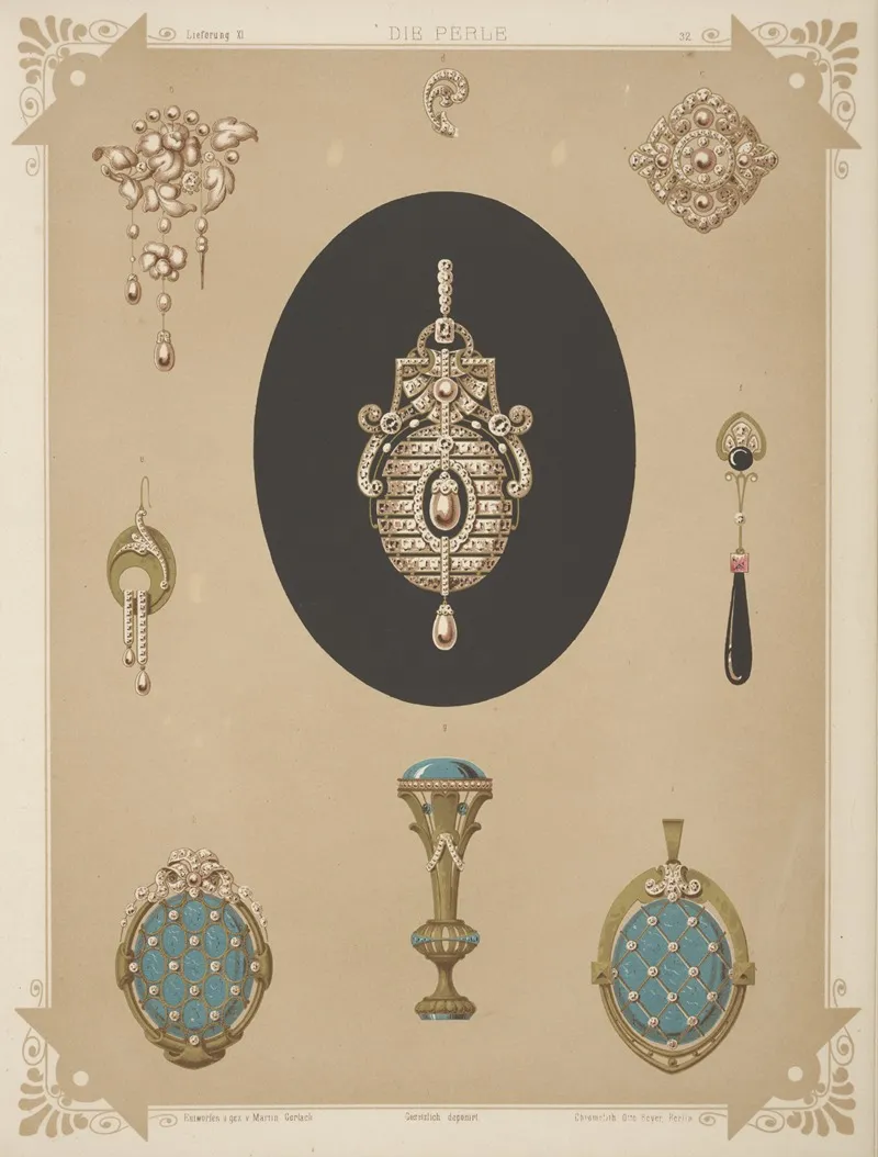 Nine Designs For Jewelry Including Large Brooch Of Pearls And Diamonds