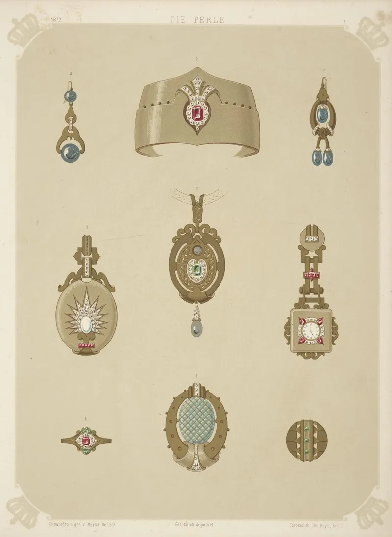 Nine Designs For Jewelry Including Pointed Gold Bracelet With Red Stone And Diamonds