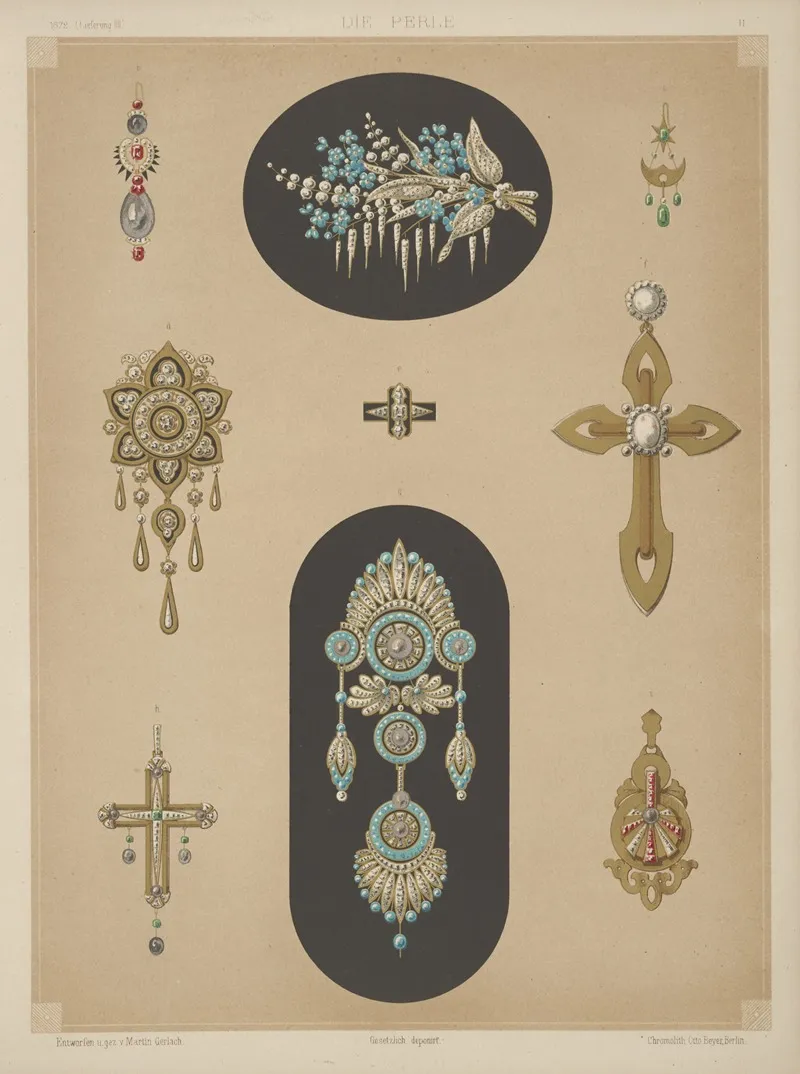 Nine Designs For Jewelry Including Two Large Pins With Blue Stones And Diamonds