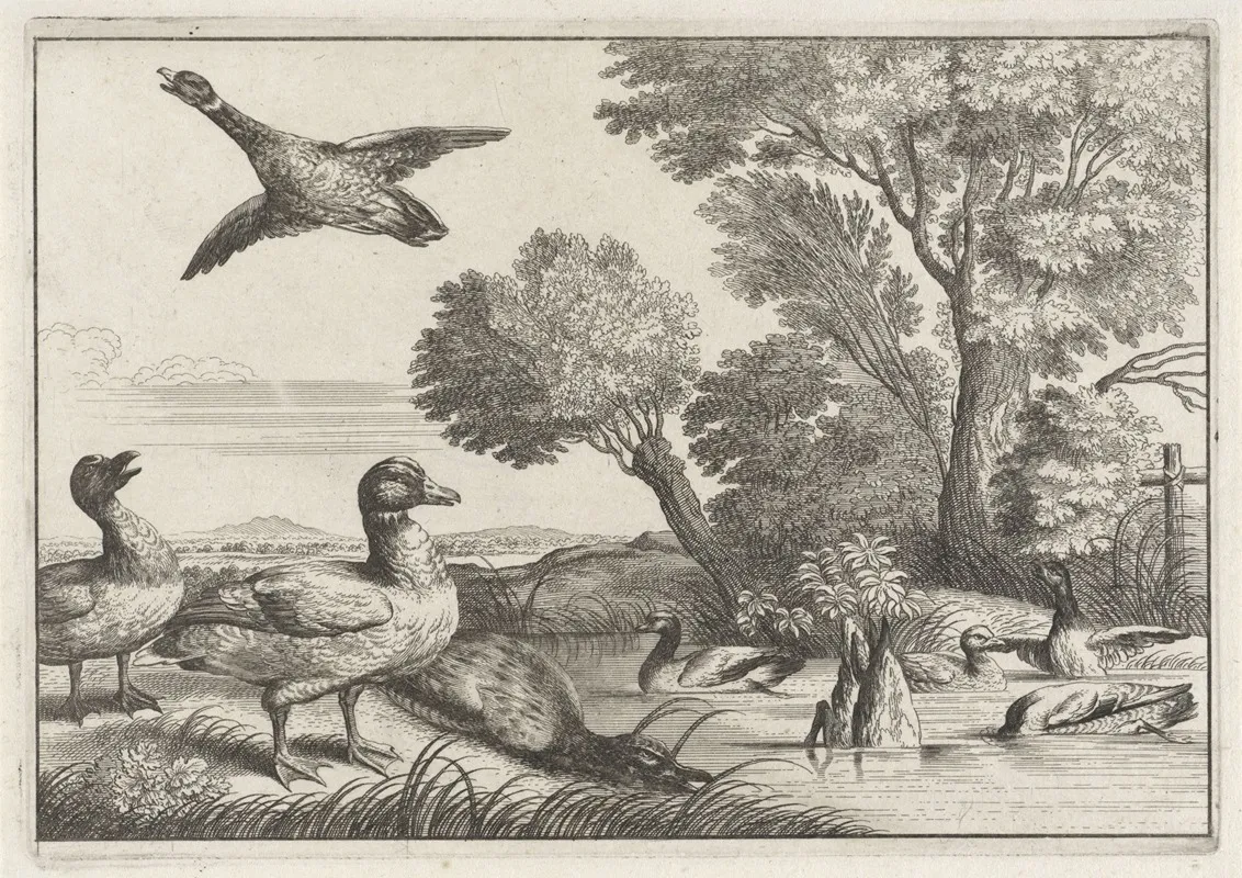 Nine Ducks In A Variety Of Poses In A River Landscape With Willow Trees