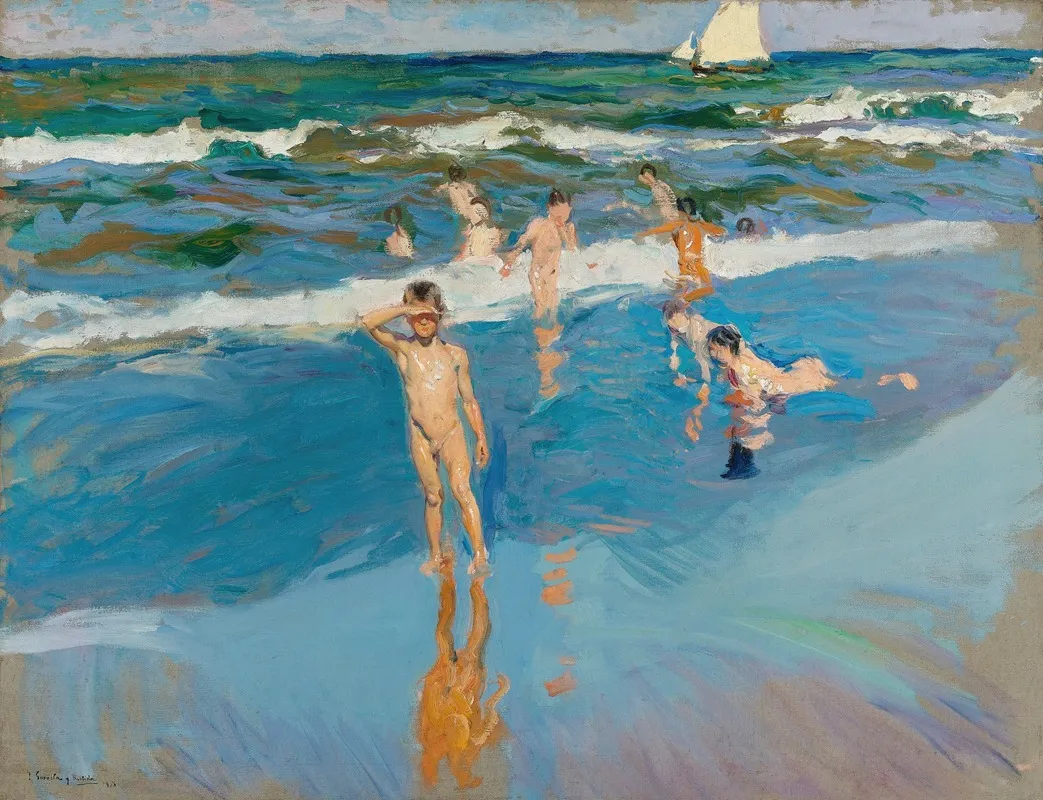 Ninos En El Mar Playa De Valencia Children In The Sea Valencia Beach Wall Art by Joaquín Sorolla - Canvas Print