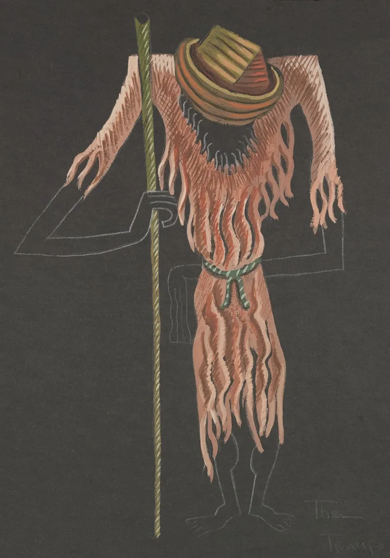 No More Peace Ragged Brown Fringe Robe Green Walking Stick And Brown Hat Wall Art by Barry Farnol - High-Resolution Digital Print