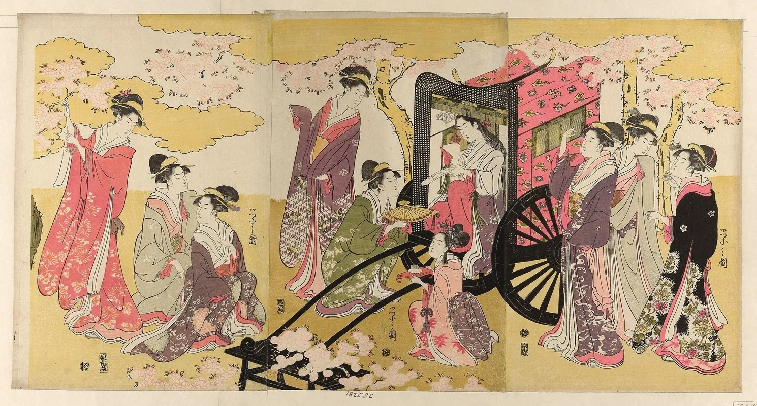 Noble Woman In A Carriage Viewing Cherry Blossoms Wall Art by Chokosai Eisho - High-Resolution Digital Print
