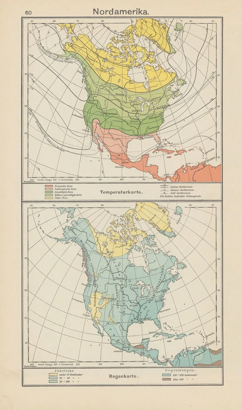 Nordamerika Temperaturkarte regenkarte Wall Art by Carl Diercke - High-Resolution Digital Print