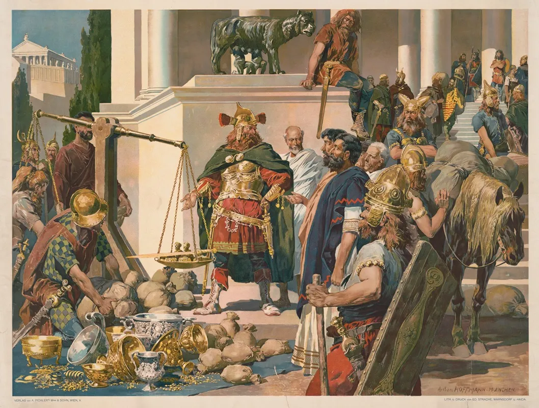 Nordic Military Men Negotiating With Romans Over Gold Silver Bowls And Coins 2 Wall Art by Anton Hoffmann - High-Resolution Digital Print
