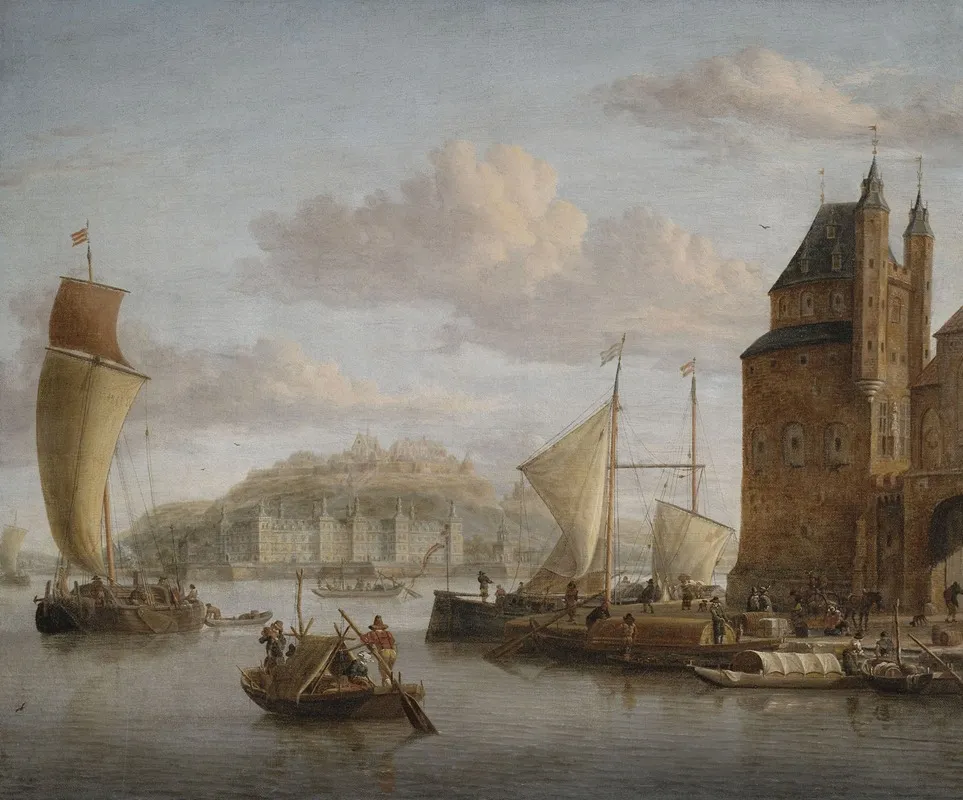 Nordlicher Hafen An Einem Schloss Mit Zahlreichen Lastbooten Und Kaufleuten