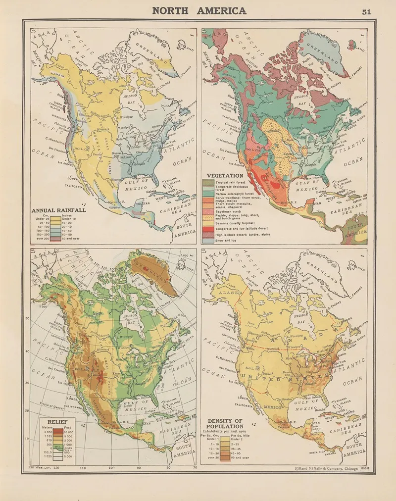 North America Annual Rainfall Vegetation Land Relief Density Of Population Wall Art by John Paul Goode - High-Resolution Digital Print