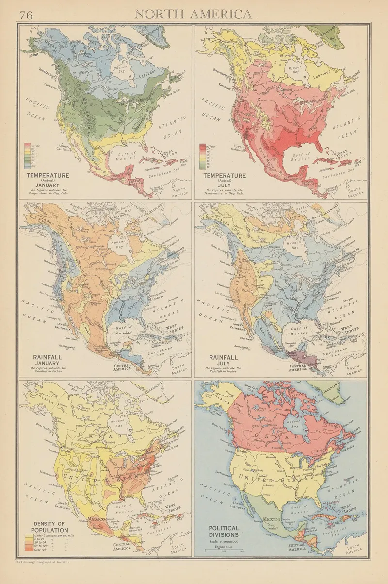 North America Temperature Rainfall Wall Art by John George Bartholomew - High-Resolution Digital Print