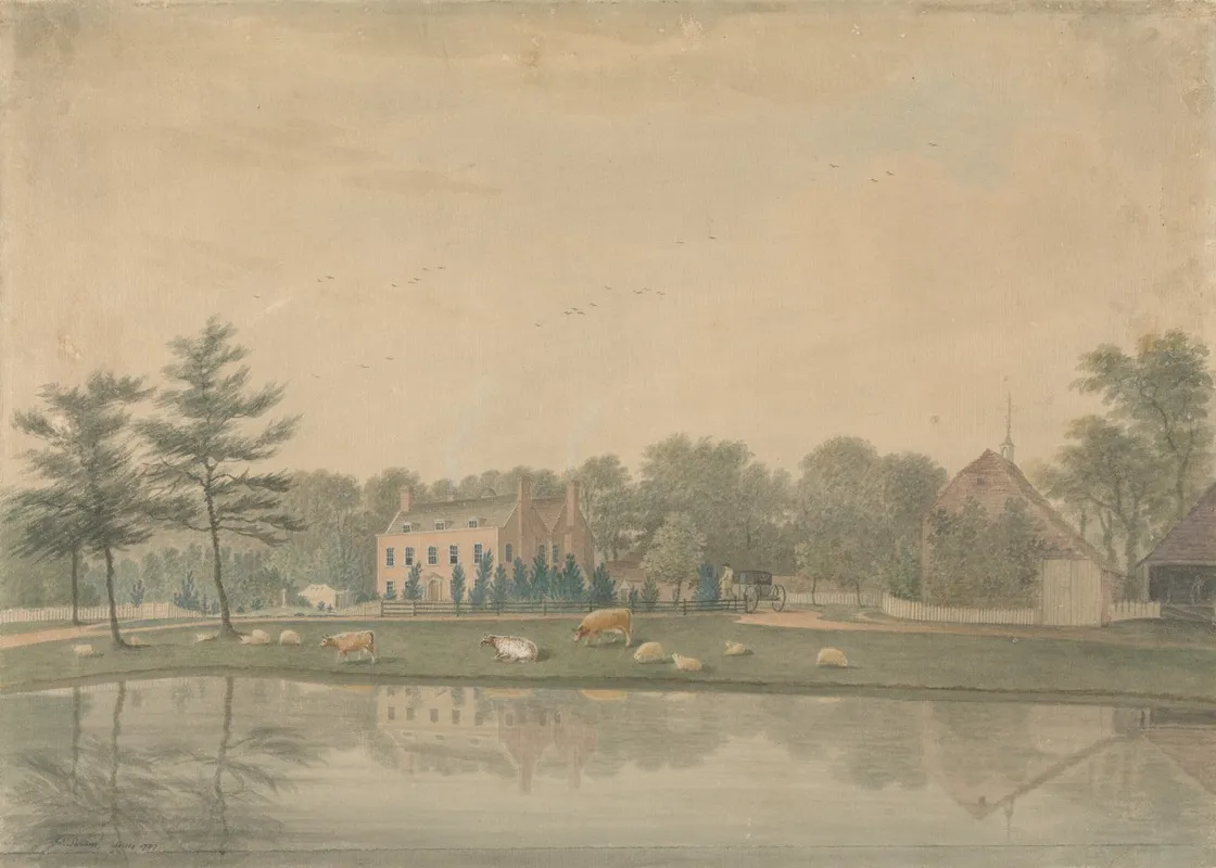 North East View Of A House At Ringmer With Cattle And Sheep By A Pond