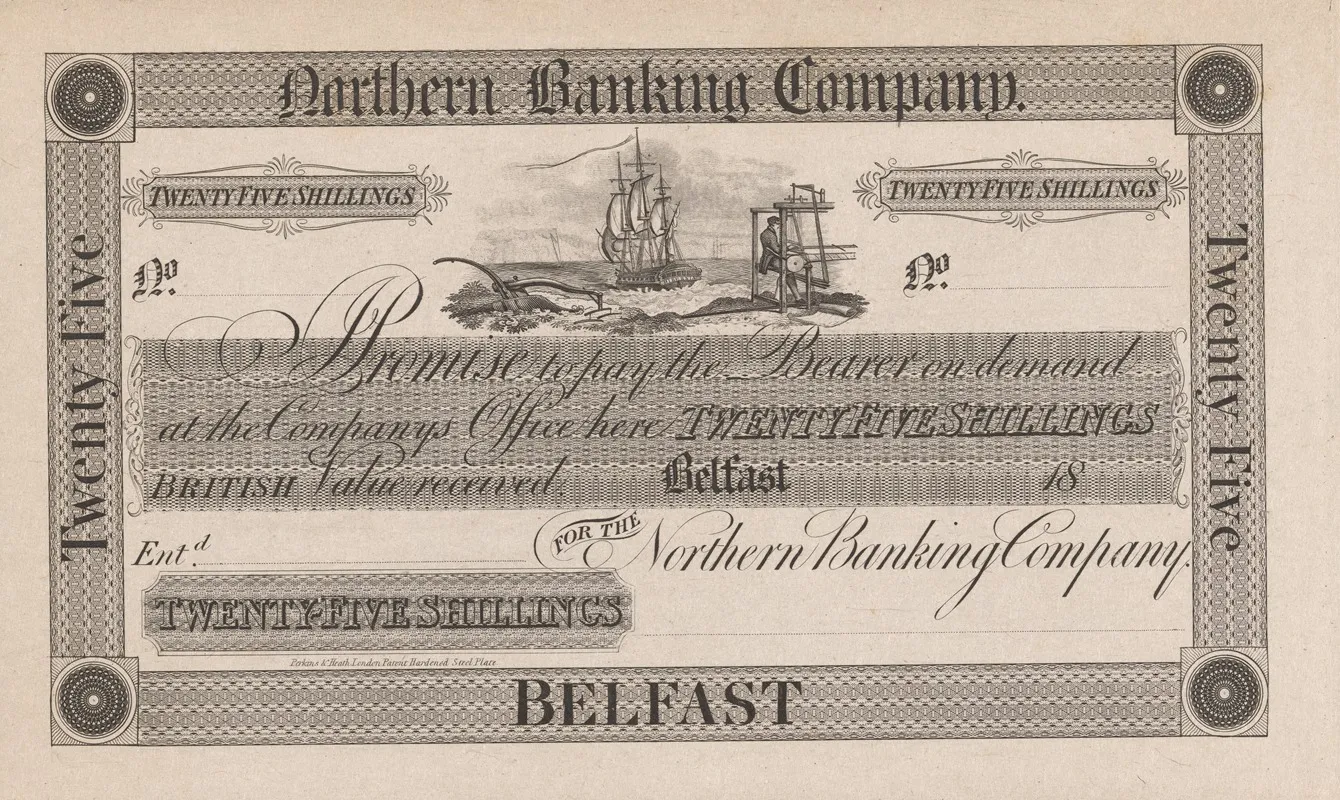 Northern Banking Company Belfast Twenty Five Shilling Note Wall Art by Perkins &amp; Heath - High-Resolution Digital Print