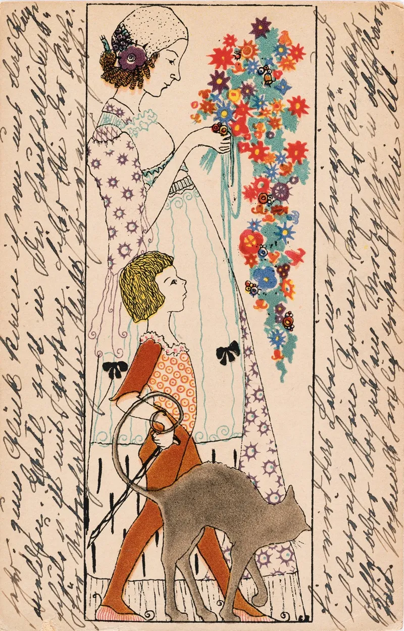 Nr 759 Frau Mit Blumen Kind Und Katze